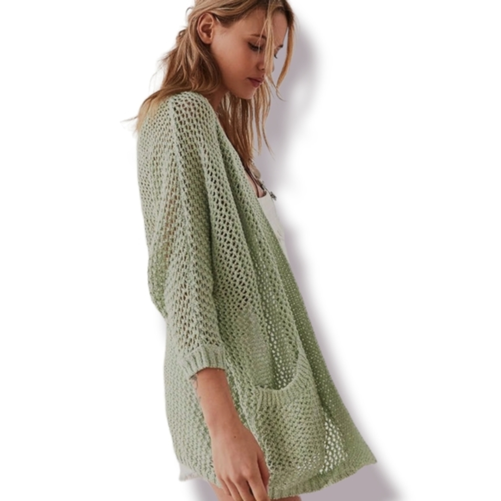 Andrea Jovine Fern Green Open Knit Artsy Boho Spring Light Cardigan Duster NWT